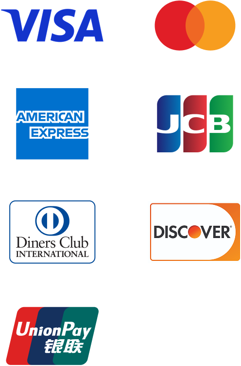 クレジットカード：VISA、Mastercard、American Express、JCB、Diners Club、Discover、銀聯（UnionPay）